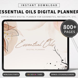 Puede incluir: Planificador digital para aceites esenciales con más de 800 páginas. La portada presenta un diseño de acuarela con tonos marrones y rosados y detalles dorados. El planificador es compatible con Goodnotes y Notability.