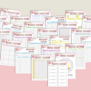 May include: A set of printable trackers and charts with floral designs. The trackers include weight loss, period, symptom, illness, meditation, mood, anxiety, water, sleep, food macro, hygiene, habit, medication, appointments, health record, and positive mindset.