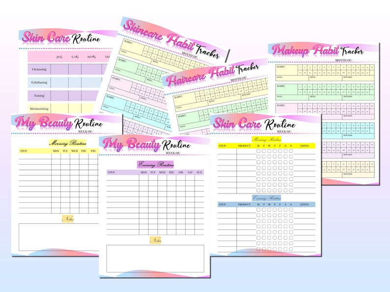 May include: A set of printable beauty routine trackers with colorful backgrounds. The trackers include sections for morning and evening routines, skincare, haircare, and makeup. The trackers are designed to help users track their beauty habits and progress.