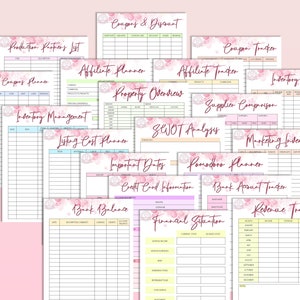 May include: A set of printable business planning worksheets with floral accents. The worksheets include sections for inventory management, listing costs, important dates, credit card information, bank account tracking, revenue tracking, and more.