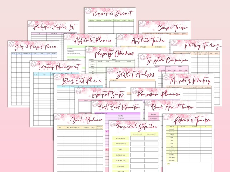 May include: A set of printable business planning worksheets with floral accents. The worksheets include sections for inventory management, listing costs, important dates, credit card information, bank account tracking, revenue tracking, and more.