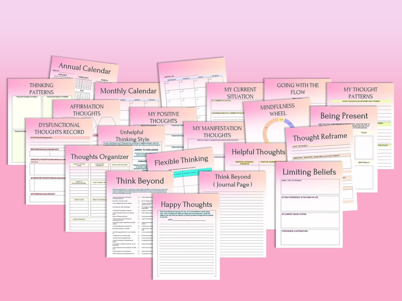May include: A set of printable worksheets for mindfulness and positive thinking. The worksheets are pink and white with colourful accents. The worksheets include titles such as "Thinking Patterns", "Affirmation Thoughts", "My Positive Thoughts", "My Manifestation Thoughts", "Mindfulness Wheel", "Thought Reframe", "Limiting Beliefs", and "Being Present".