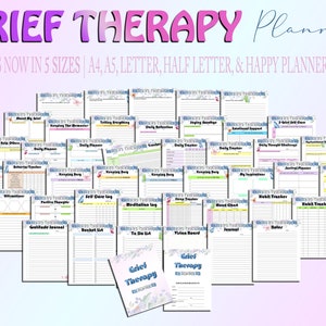 May include: A collection of printable grief therapy planner pages. The pages are designed to help people cope with grief and loss. The pages include a variety of activities and exercises, such as journaling, goal setting, and self-care. The pages are available in five sizes: A4, A5, Letter, Half Letter, and Happy Planner Classic.