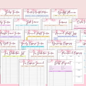 May include: A set of printable financial trackers and journals with pink watercolor backgrounds. The trackers include sales, marketing budget, income, expenses, profit, and debt payment.