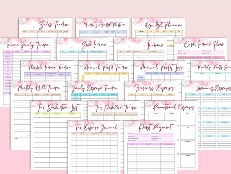 May include: A set of printable financial trackers and journals with pink watercolor backgrounds. The trackers include sales, marketing budget, income, expenses, profit, and debt payment.