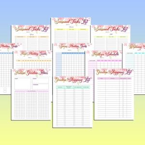 Puede incluir: Un conjunto de hojas de planificaci&oacute;n de jard&iacute;n imprimibles con dise&ntilde;os florales. Las hojas incluyen una lista de tareas estacionales, una gu&iacute;a de plantaci&oacute;n de vegetales, una gu&iacute;a de plantaci&oacute;n de frutas, un calendario de riego, un calendario de fertilizantes y una lista de compras de jard&iacute;n.