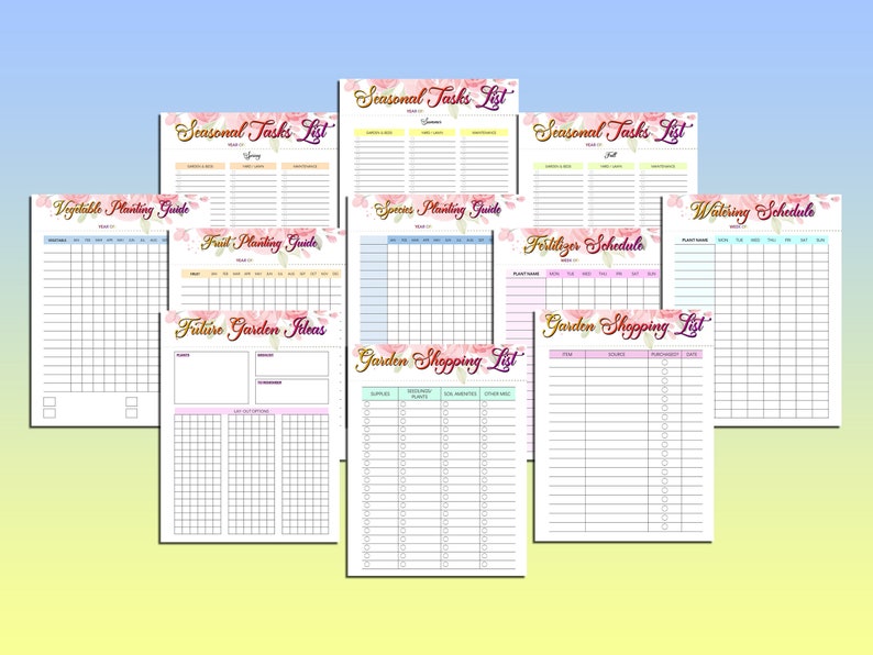 Puede incluir: Un conjunto de hojas de planificaci&oacute;n de jard&iacute;n imprimibles con dise&ntilde;os florales. Las hojas incluyen una lista de tareas estacionales, una gu&iacute;a de plantaci&oacute;n de vegetales, una gu&iacute;a de plantaci&oacute;n de frutas, un calendario de riego, un calendario de fertilizantes y una lista de compras de jard&iacute;n.