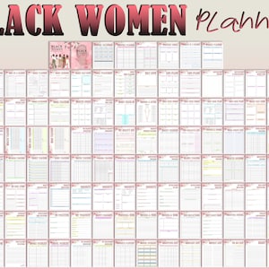 May include: A printable planner with a pink background and the text "BLACK WOMEN Planner" in black text. The planner includes pages for monthly calendars, daily schedules, goal setting, habit tracking, and more.