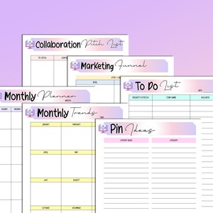May include: A set of printable planner pages with pastel pink, blue, and purple gradients. The pages include titles such as "Collaboration Pitch List", "Marketing Funnel", "To Do List", "Monthly Planner", "Monthly Trends", and "Pin Ideas".