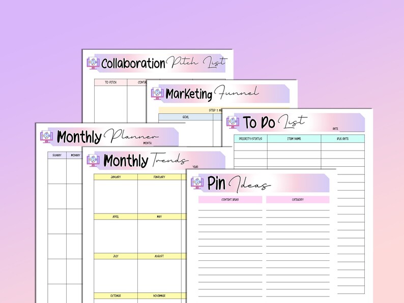 May include: A set of printable planner pages with pastel pink, blue, and purple gradients. The pages include titles such as "Collaboration Pitch List", "Marketing Funnel", "To Do List", "Monthly Planner", "Monthly Trends", and "Pin Ideas".