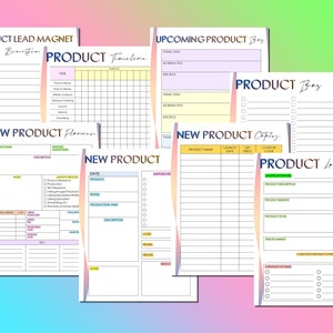 May include: A set of printable product launch planner worksheets with colorful borders. The worksheets include sections for product name, description, launch date, list price, coupon code, and more.