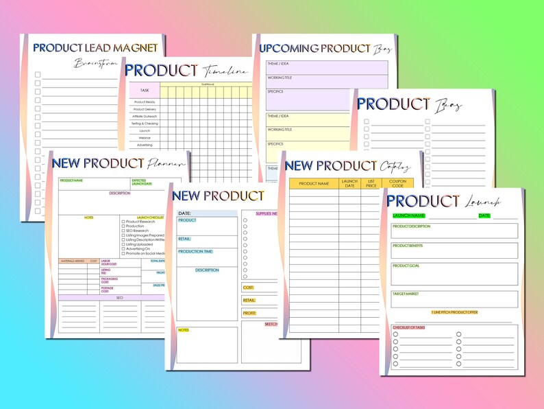 May include: A set of printable product launch planner worksheets with colorful borders. The worksheets include sections for product name, description, launch date, list price, coupon code, and more.