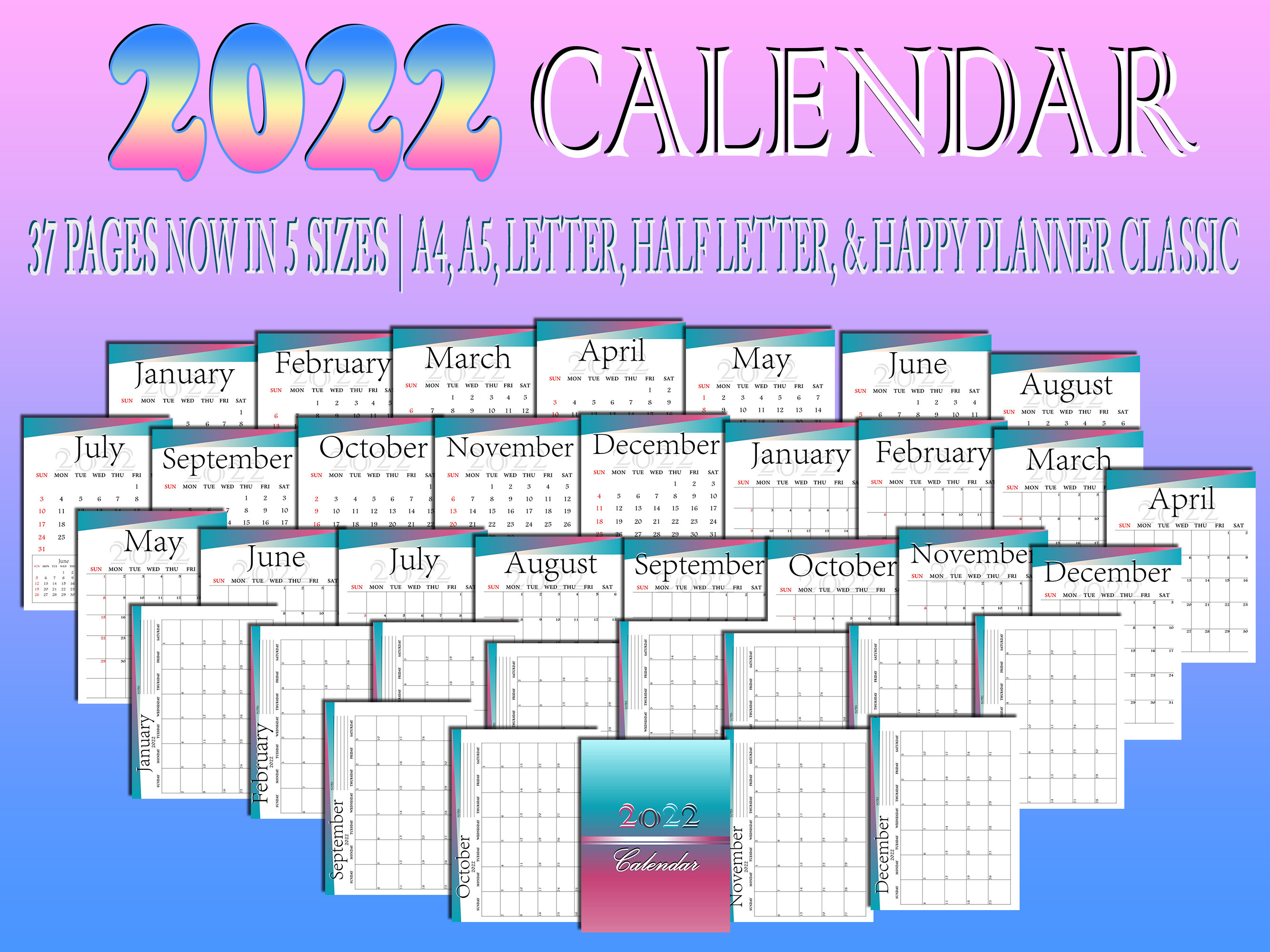 2022 Planner Annual Calendar Printable Digital Download Daily