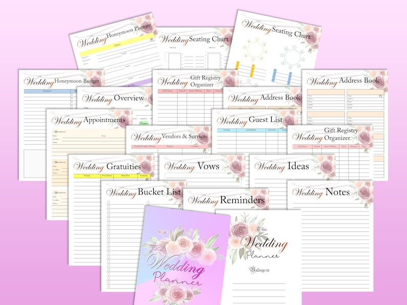 Op de afbeelding: Een printbare bruiloftplanner met een bloemenontwerp. De planner bevat pagina's voor budgettering, gastenlijsten, zitplaatsenplannen, leverancierslijsten en meer.