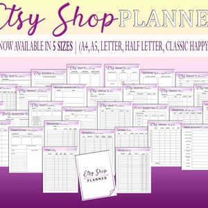 May include: A collection of 31 printable pages for an Etsy shop planner in five sizes: A4, A5, Letter, Half Letter, and Classic Happy Planner. The pages are designed to help Etsy sellers organize their business, track sales, manage inventory, and plan marketing strategies. The pages are white with black text and pink accents.