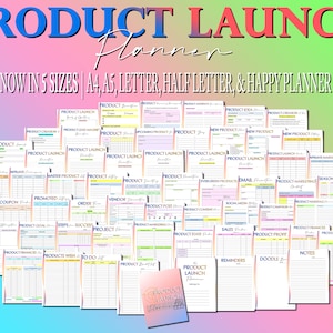 May include: A collection of printable product launch planner pages in various sizes, including A4, A5, Letter, Half Letter, and Happy Planner Classic. The pages are designed with a rainbow gradient background and feature colorful headings and sections for planning a product launch.