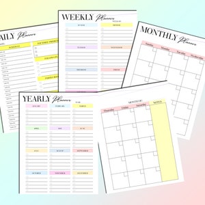 Puede incluir: Un conjunto de p&aacute;ginas de planificador imprimibles con diferentes dise&ntilde;os para la planificaci&oacute;n diaria, semanal, mensual y anual. Las p&aacute;ginas est&aacute;n dise&ntilde;adas con un esquema de color pastel e incluyen secciones para la programaci&oacute;n, notas y listas de tareas.