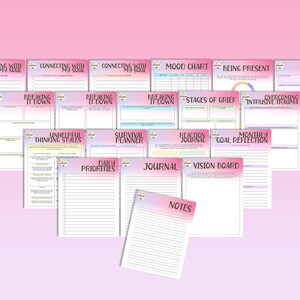 May include: A set of printable worksheets with a pink and purple gradient background. The worksheets include titles such as "Connecting with My Soul", "Breaking It Down", "Unhelpful Thinking Styles", "Survival Planner", "Reaction Journal", "Monthly Goal Reflection", "Daily Priorities", "Journal", "Vision Board", "Notes", "Mood Chart", "Being Present", "Stages of Grief", "Overcoming Intrusive Trauma", and "Trauma Reframe".