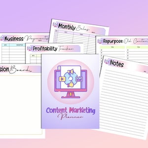May include: A set of printable planners with a pastel colour scheme. The planners include a vision board, business payments, profitability tracker, monthly sales, repurpose old content, and content marketing planner.
