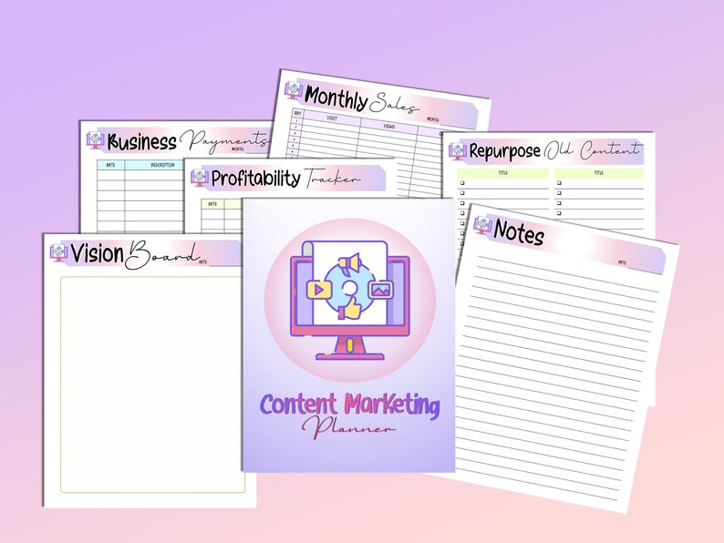 May include: A set of printable planners with a pastel colour scheme. The planners include a vision board, business payments, profitability tracker, monthly sales, repurpose old content, and content marketing planner.