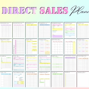 Puede incluir: Un planificador colorido con el t&iacute;tulo "DIRECT SALES Planner" en letras rosas. El planificador est&aacute; dividido en secciones para diferentes aspectos de la venta directa, como la formaci&oacute;n, los objetivos, el marketing y el inventario. Cada secci&oacute;n tiene un color diferente e incluye una cuadr&iacute;cula para escribir notas y hacer un seguimiento del progreso.