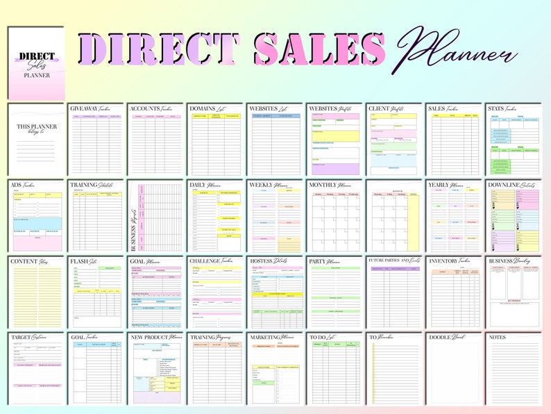 Puede incluir: Un planificador colorido con el t&iacute;tulo "DIRECT SALES Planner" en letras rosas. El planificador est&aacute; dividido en secciones para diferentes aspectos de la venta directa, como la formaci&oacute;n, los objetivos, el marketing y el inventario. Cada secci&oacute;n tiene un color diferente e incluye una cuadr&iacute;cula para escribir notas y hacer un seguimiento del progreso.