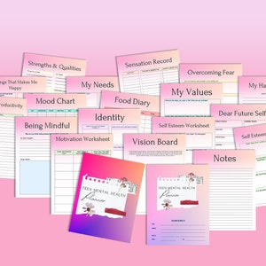 May include: A collection of printable worksheets and journal pages for a teen mental health planner. The pages include prompts for self-reflection, goal setting, and mindfulness exercises. The pages are designed with a pink and purple colour scheme and feature a floral design.