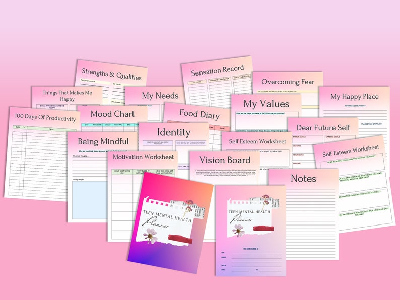May include: A collection of printable worksheets and journal pages for a teen mental health planner. The pages include prompts for self-reflection, goal setting, and mindfulness exercises. The pages are designed with a pink and purple colour scheme and feature a floral design.