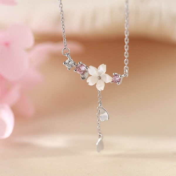 White Cherry Floral Petals Dainty Silver Necklace, Flower and Leaf tiny CZ Necklace, Delicate Elegant Minimal Necklace