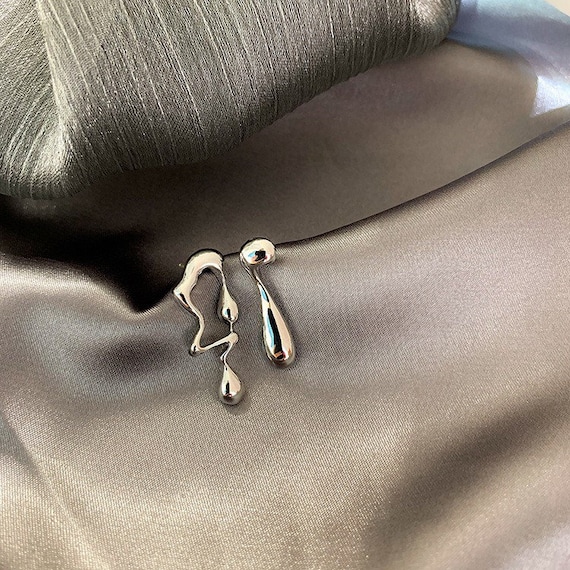 Drip Silver Stud Earrings Melted Metal Abstract Stud Earrings