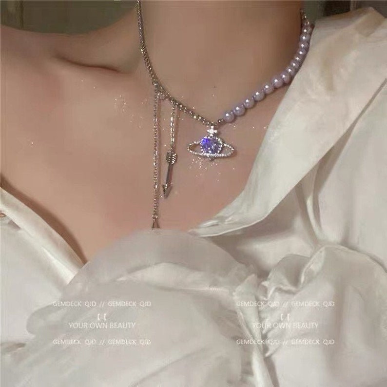 Purple Saturn Pearl Necklace｜Faux Pearl | CZ Stones Saturn Planet Short Necklace | princess, Trendy Chic Stylish Instagram Necklace 