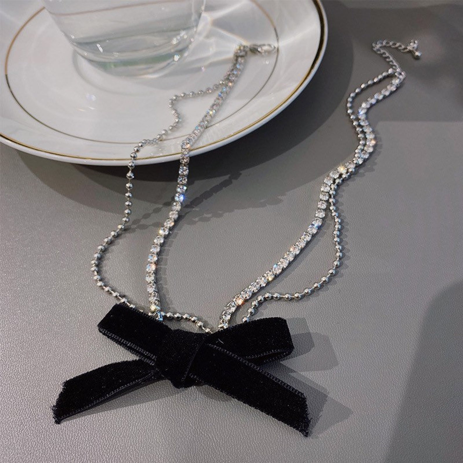 Bow Tie Choker Black Velvet Bow With CZ Diamonds Double Etsy