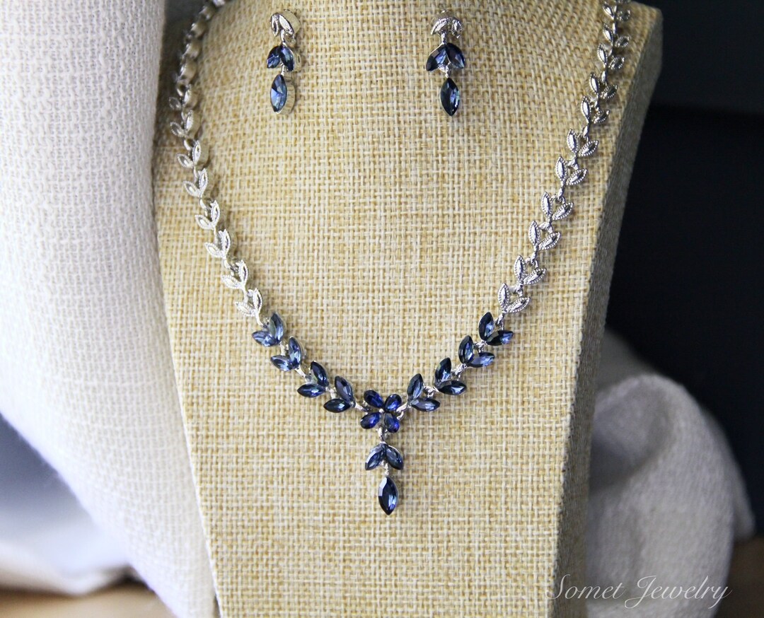 Beautiful Bridal Flower Jewelry Set Dark Navy Blue Gems Etsy UK