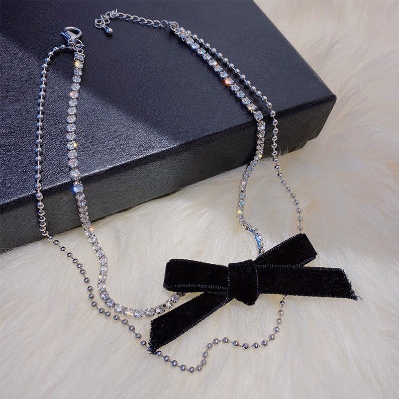 Bow Tie Choker Black Velvet Bow With CZ Diamonds Double Etsy