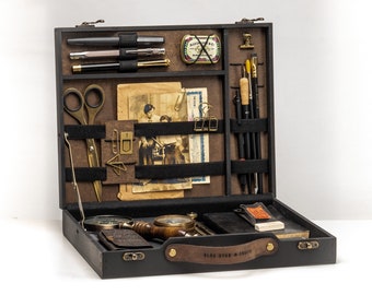 Vintage Briefcase for Writers, made from Black distressed matte painted mdf. Multiple spaces and hanging options.