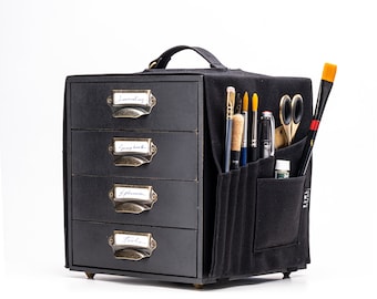 Vintage Toolbox with drawers and canvas cover for artists and crafters made with black painted MDF. Also available with Walnut wood.