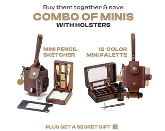 May include: An image promoting a combo set of mini art supplies. The set includes a mini pencil sketcher and a 12-colour mini palette, each with a leather holster. The text reads "COMBO OF MINIS WITH HOLSTERS" and "PLUS GET A SECRET GIFT".