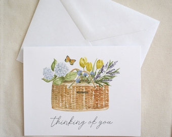 Watercolor Flower Basket Greeting Cards- Hand Painted Set- Blank