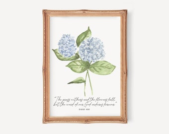 Watercolor Blue Hydrangeas Bible Verse Print l Hand Painted l Botanical Wall Art l Floral Painting