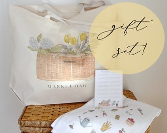 Gift Set- Floral Garden Theme Large Tote, Tea Towel, Notepad- Shopping List, Jumbo Market Bag, Gift Bundle