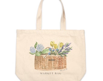 Floral Watercolor Market Bag Tote l  Large Canvas Shopping Bag  l  Book Bag  l  Everything Bag