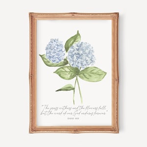 Blue Hydrangeas from Hand painted Watercolor Print: Botanical Wall Art with Bible Verse