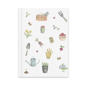 May include: A white background with a watercolor illustration of various gardening tools and plants. The illustration includes a watering can, a trowel, a pair of gardening gloves, a basket, a jar, a fork, a potted plant, a flower, a butterfly, a ladybug, a seed, a radish, a carrot, and a package of seeds.