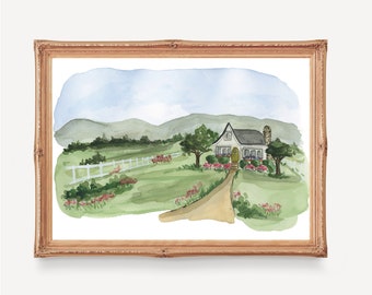 Watercolor Mountain Country Cottage Landscape Print