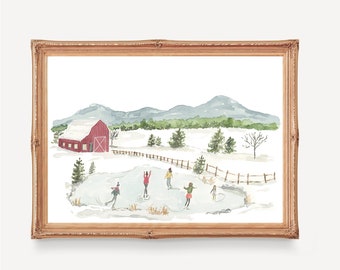 Winter Watercolor Scene Landscape Print- Ice Skating on the Farm