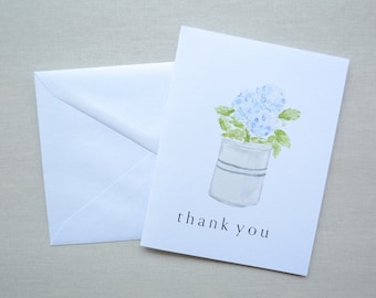 Watercolor Hydrangea in Crock Thank You Cards- Hand Painted Greeting Cards