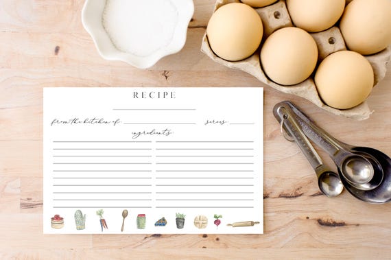 Recipe Card Set- Watercolor Hand Painted-Homemaker-Bridal Shower Gift -Baker- Mother-Cottage Style Simple