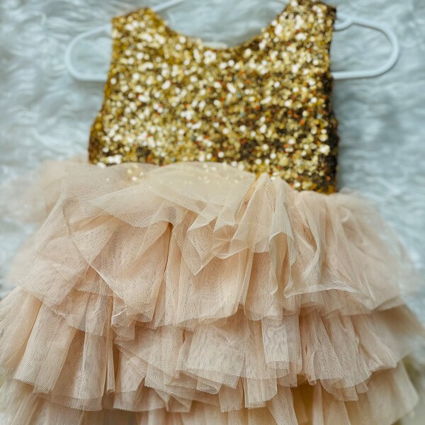 Beige & Gold Sequins Tulle Girls 1st Birthday Dress