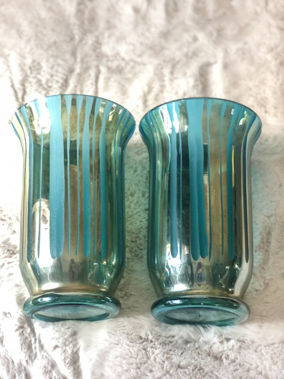 Vintage teal blue and gold glass vase set of 2 Hollywood Etsy