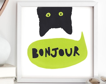 Bonjour Funny Black Cat Art Print, 5x5, 8x8